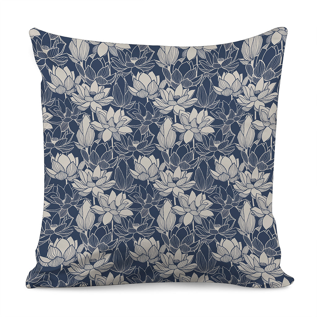 White And Blue Lotus Flower Print Pillow Cover