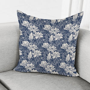 White And Blue Lotus Flower Print Pillow Cover