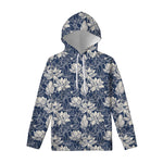 White And Blue Lotus Flower Print Pullover Hoodie
