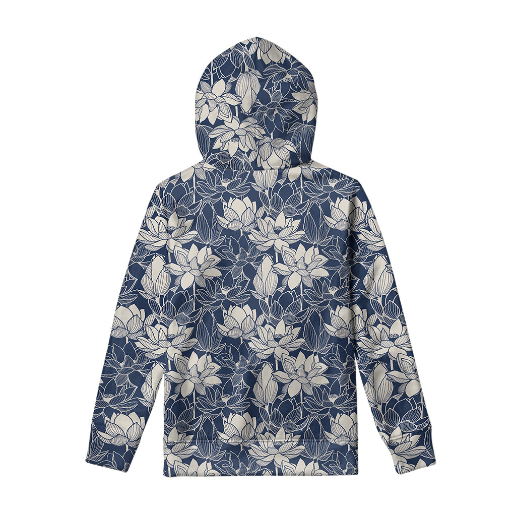 White And Blue Lotus Flower Print Pullover Hoodie