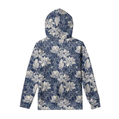 White And Blue Lotus Flower Print Pullover Hoodie