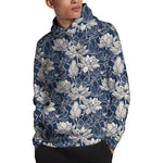 White And Blue Lotus Flower Print Pullover Hoodie