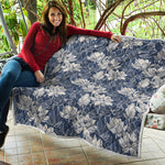 White And Blue Lotus Flower Print Quilt