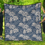 White And Blue Lotus Flower Print Quilt