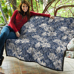 White And Blue Lotus Flower Print Quilt