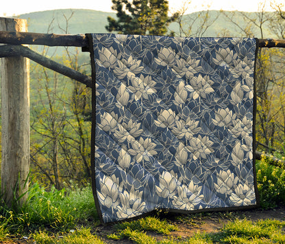 White And Blue Lotus Flower Print Quilt