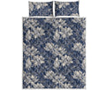 White And Blue Lotus Flower Print Quilt Bed Set