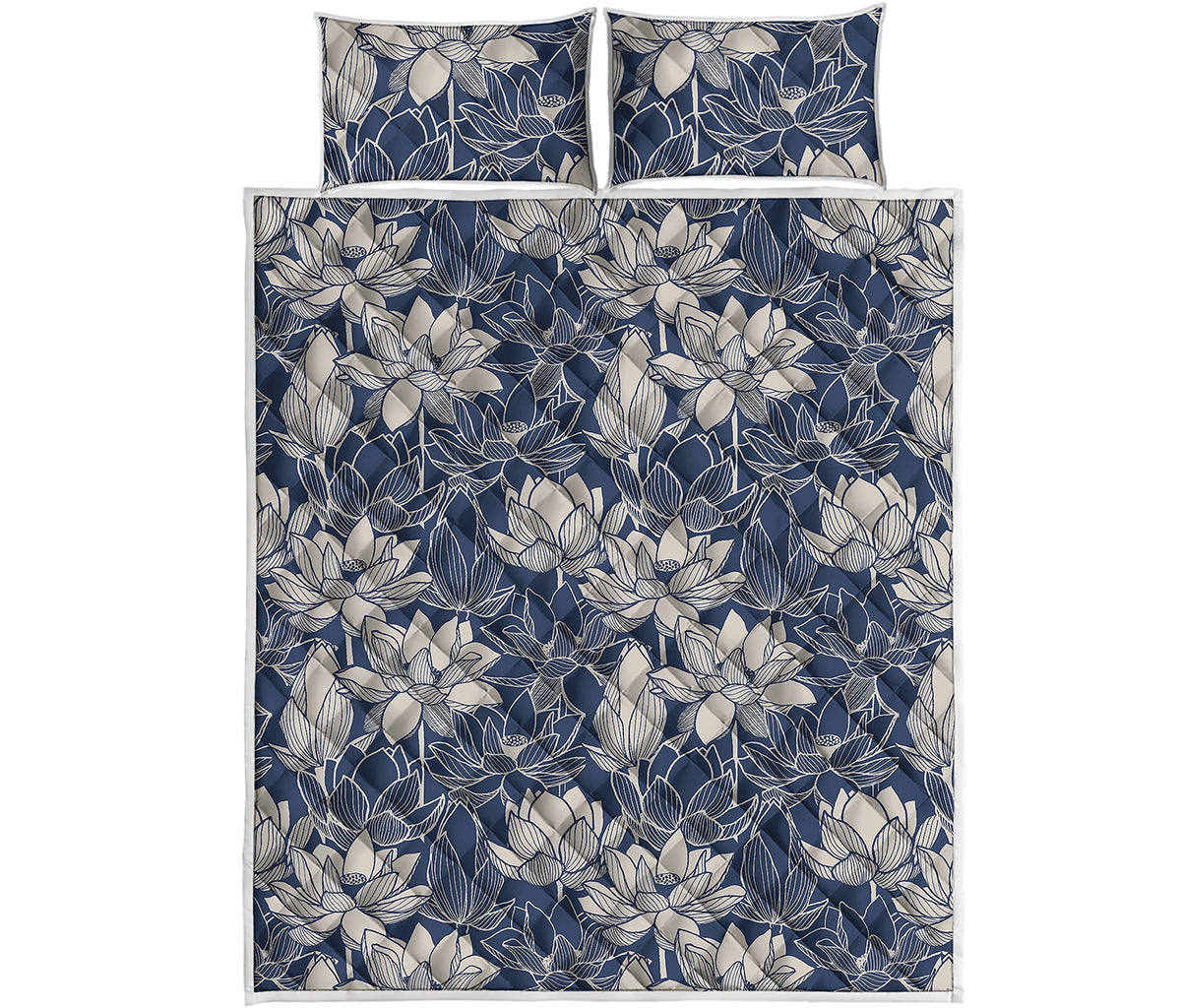 White And Blue Lotus Flower Print Quilt Bed Set
