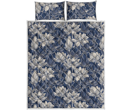White And Blue Lotus Flower Print Quilt Bed Set