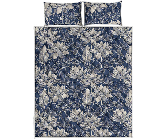 White And Blue Lotus Flower Print Quilt Bed Set