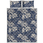 White And Blue Lotus Flower Print Quilt Bed Set