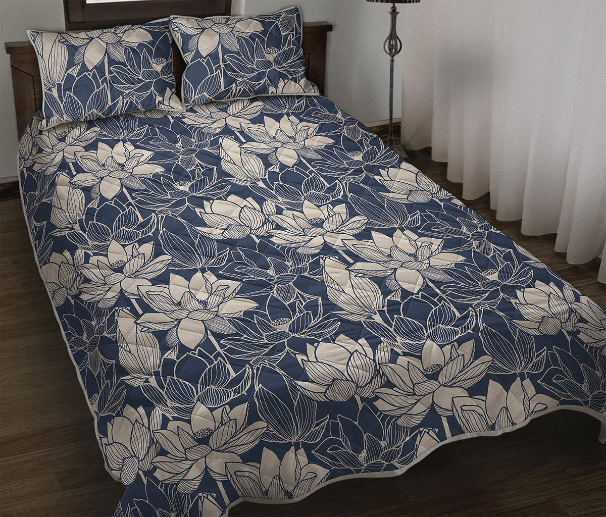 White And Blue Lotus Flower Print Quilt Bed Set