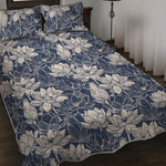 White And Blue Lotus Flower Print Quilt Bed Set