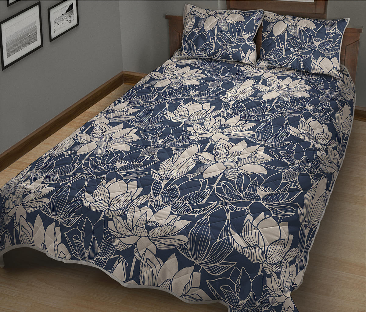 White And Blue Lotus Flower Print Quilt Bed Set