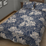 White And Blue Lotus Flower Print Quilt Bed Set