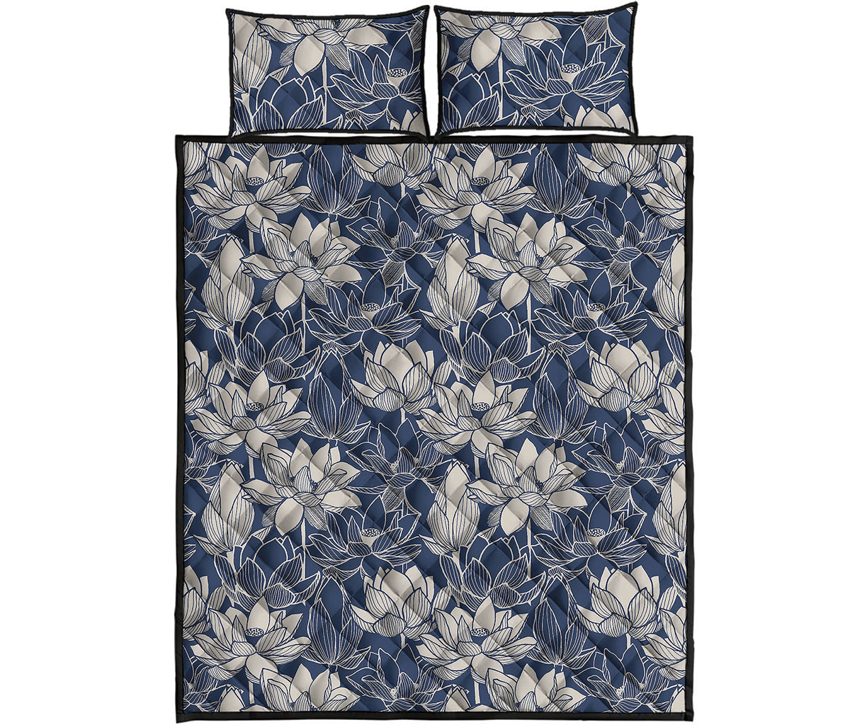 White And Blue Lotus Flower Print Quilt Bed Set