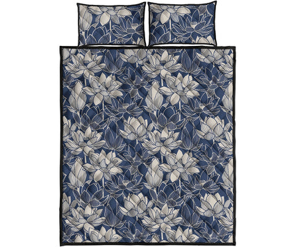 White And Blue Lotus Flower Print Quilt Bed Set