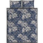 White And Blue Lotus Flower Print Quilt Bed Set