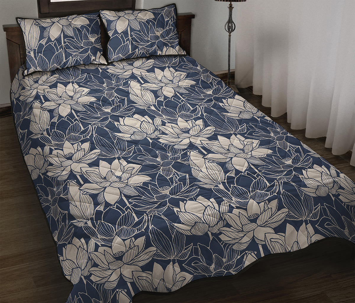 White And Blue Lotus Flower Print Quilt Bed Set