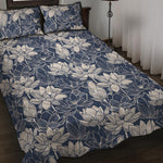 White And Blue Lotus Flower Print Quilt Bed Set