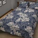 White And Blue Lotus Flower Print Quilt Bed Set