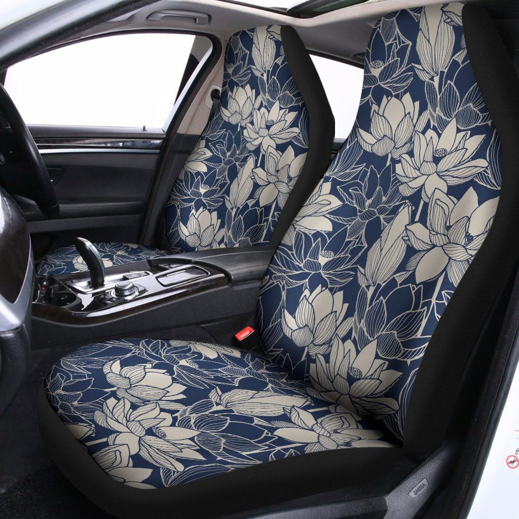 White And Blue Lotus Flower Print Universal Fit Car Seat Covers