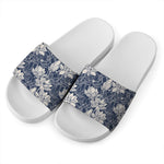 White And Blue Lotus Flower Print White Slide Sandals