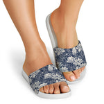 White And Blue Lotus Flower Print White Slide Sandals