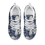 White And Blue Lotus Flower Print White Sneakers