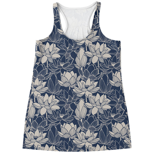 White And Blue Lotus Flower Print Women's Racerback Tank Top
