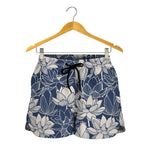 White And Blue Lotus Flower Print Women's Shorts