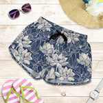 White And Blue Lotus Flower Print Women's Shorts