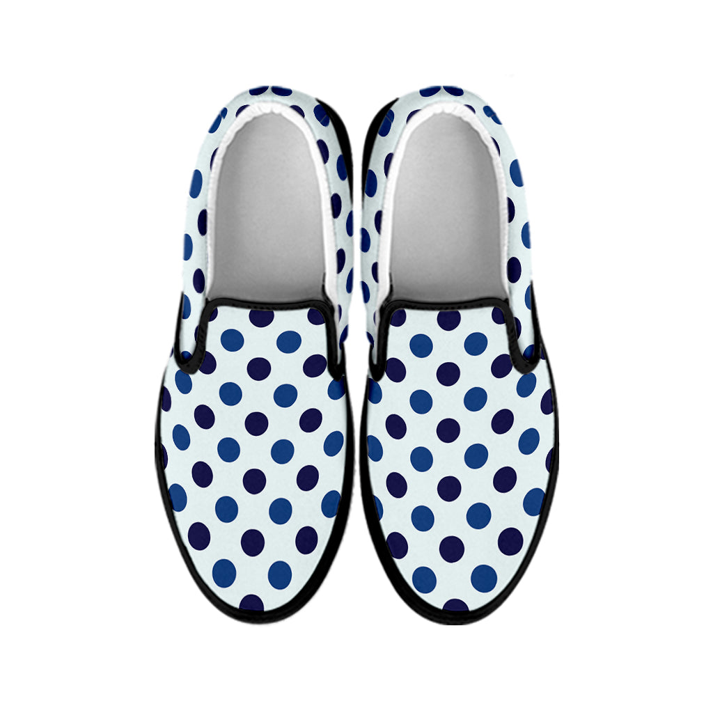 White And Blue Polka Dot Pattern Print Black Slip On Shoes