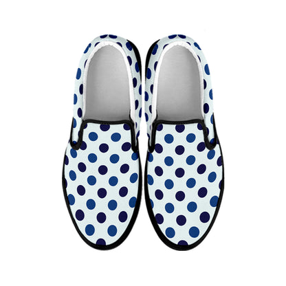 White And Blue Polka Dot Pattern Print Black Slip On Shoes