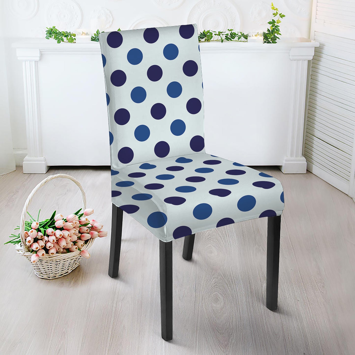White And Blue Polka Dot Pattern Print Dining Chair Slipcover