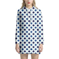 White And Blue Polka Dot Pattern Print Pullover Hoodie Dress