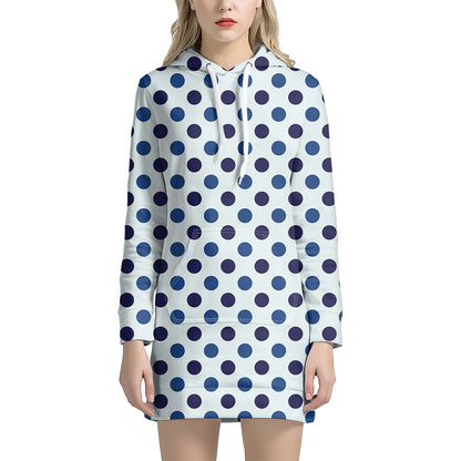 White And Blue Polka Dot Pattern Print Hoodie Dress
