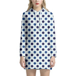 White And Blue Polka Dot Pattern Print Hoodie Dress