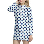 White And Blue Polka Dot Pattern Print Hoodie Dress