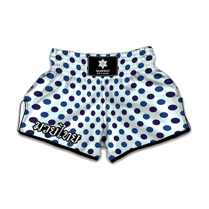 White And Blue Polka Dot Pattern Print Muay Thai Boxing Shorts