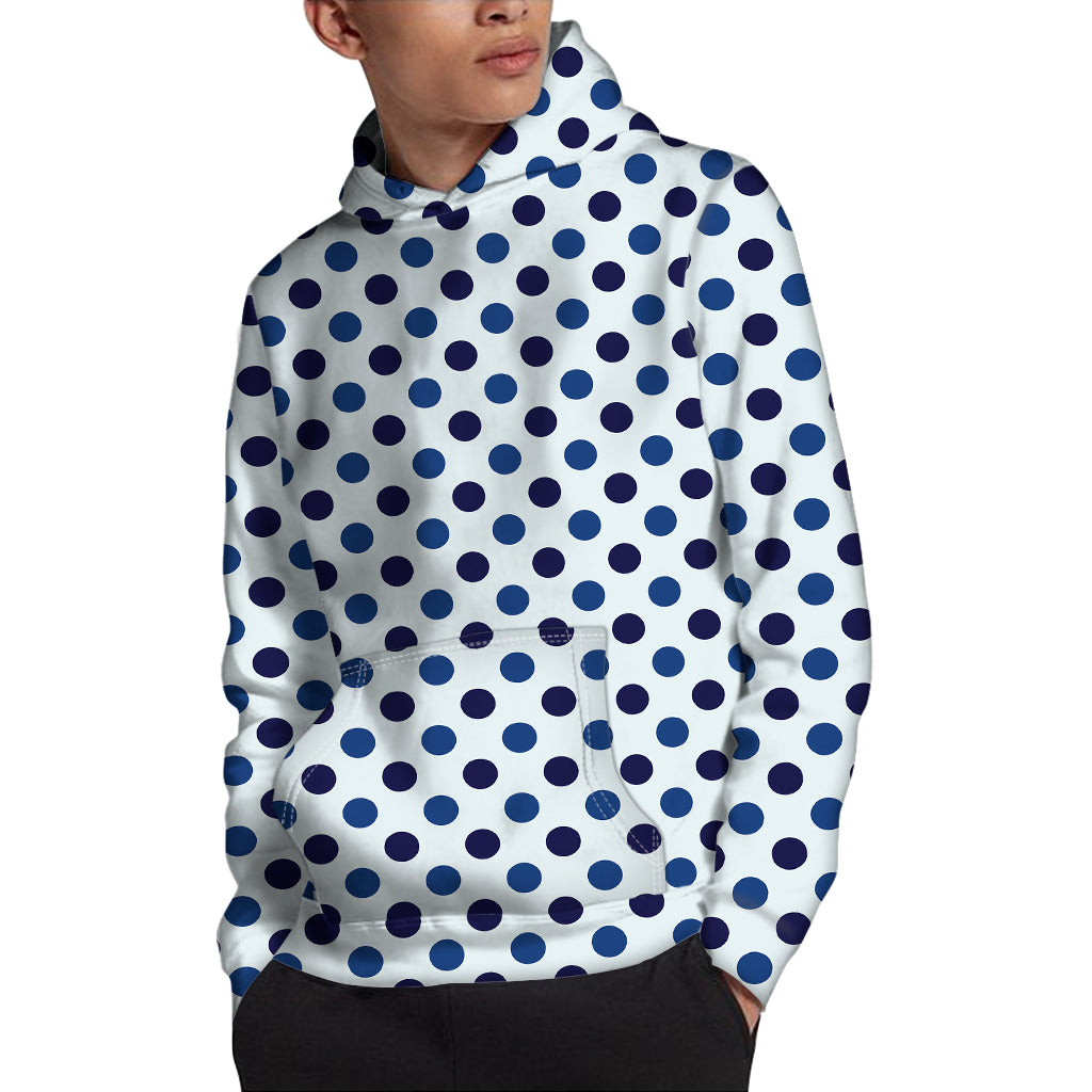 White And Blue Polka Dot Pattern Print Pullover Hoodie