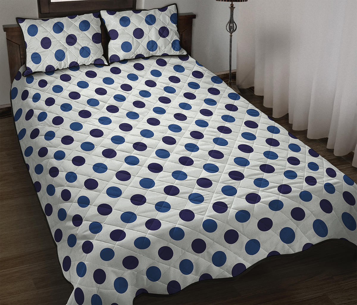 White And Blue Polka Dot Pattern Print Quilt Bed Set