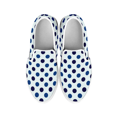 White And Blue Polka Dot Pattern Print White Slip On Shoes
