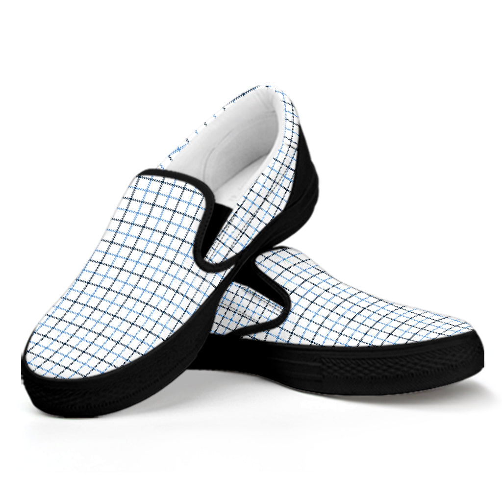 White And Blue Tattersall Pattern Print Black Slip On Shoes