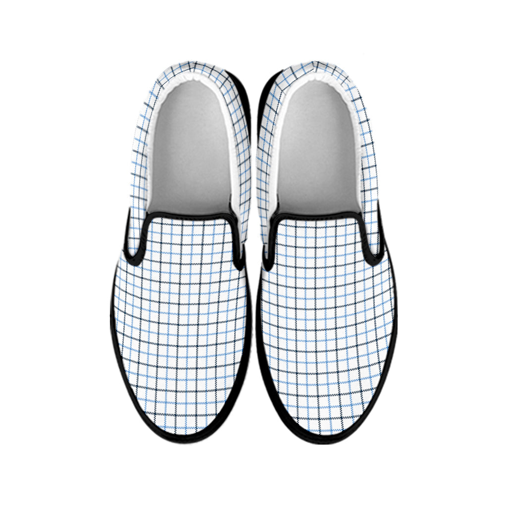 White And Blue Tattersall Pattern Print Black Slip On Shoes