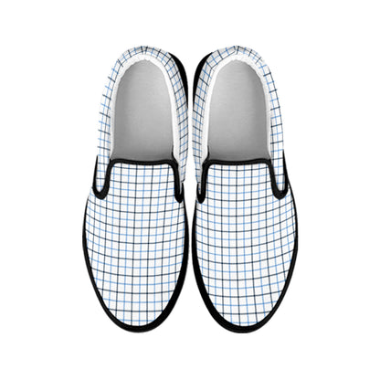 White And Blue Tattersall Pattern Print Black Slip On Shoes