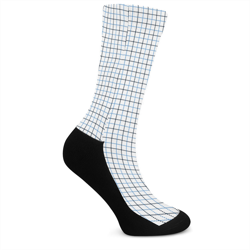 White And Blue Tattersall Pattern Print Crew Socks