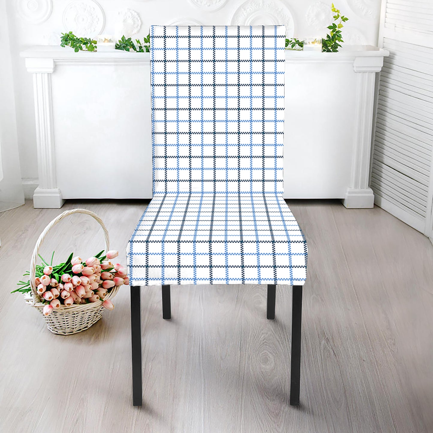 White And Blue Tattersall Pattern Print Dining Chair Slipcover