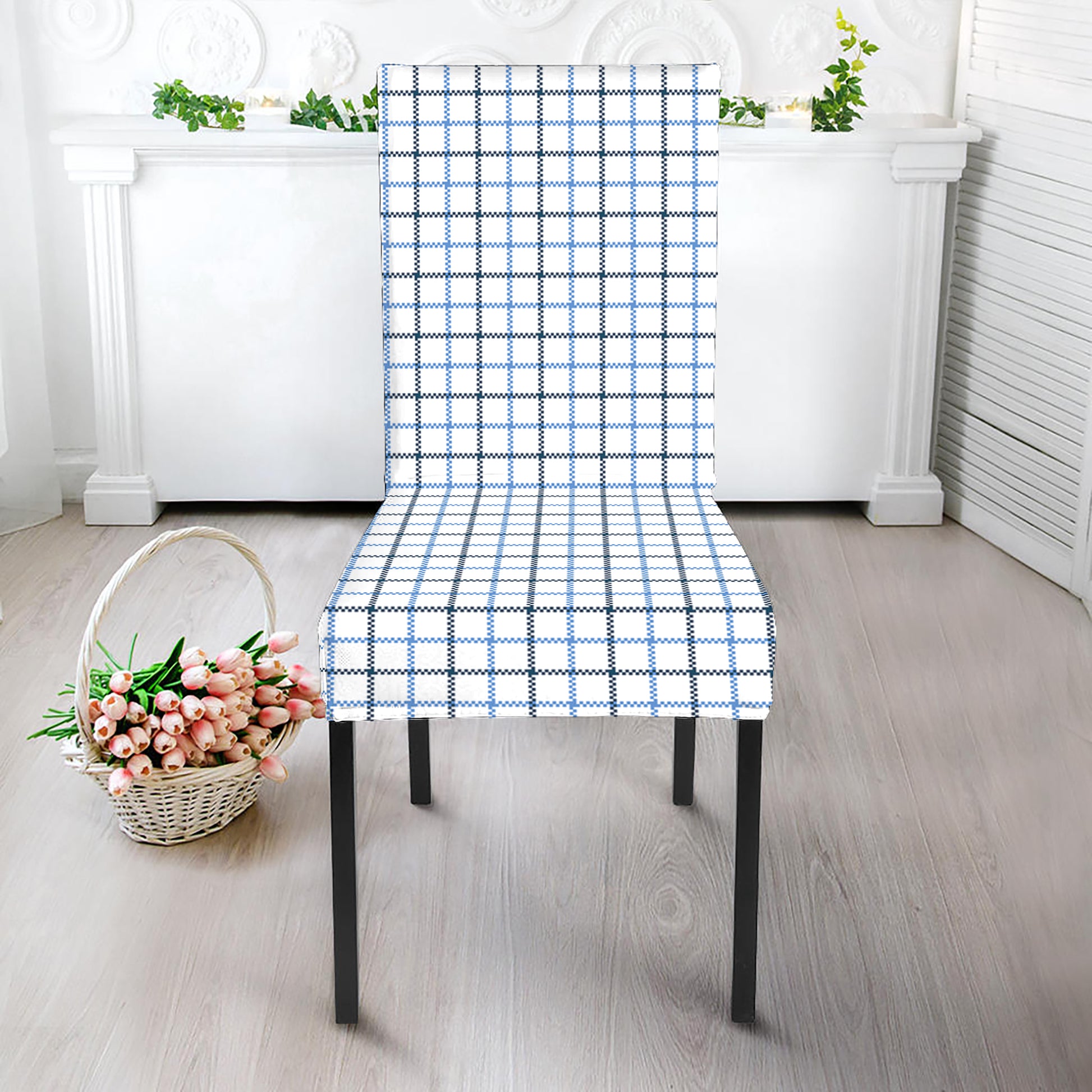 White And Blue Tattersall Pattern Print Dining Chair Slipcover