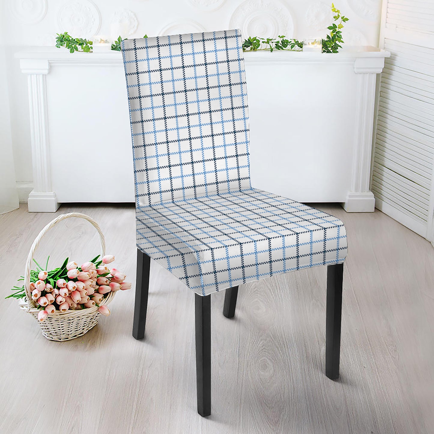 White And Blue Tattersall Pattern Print Dining Chair Slipcover